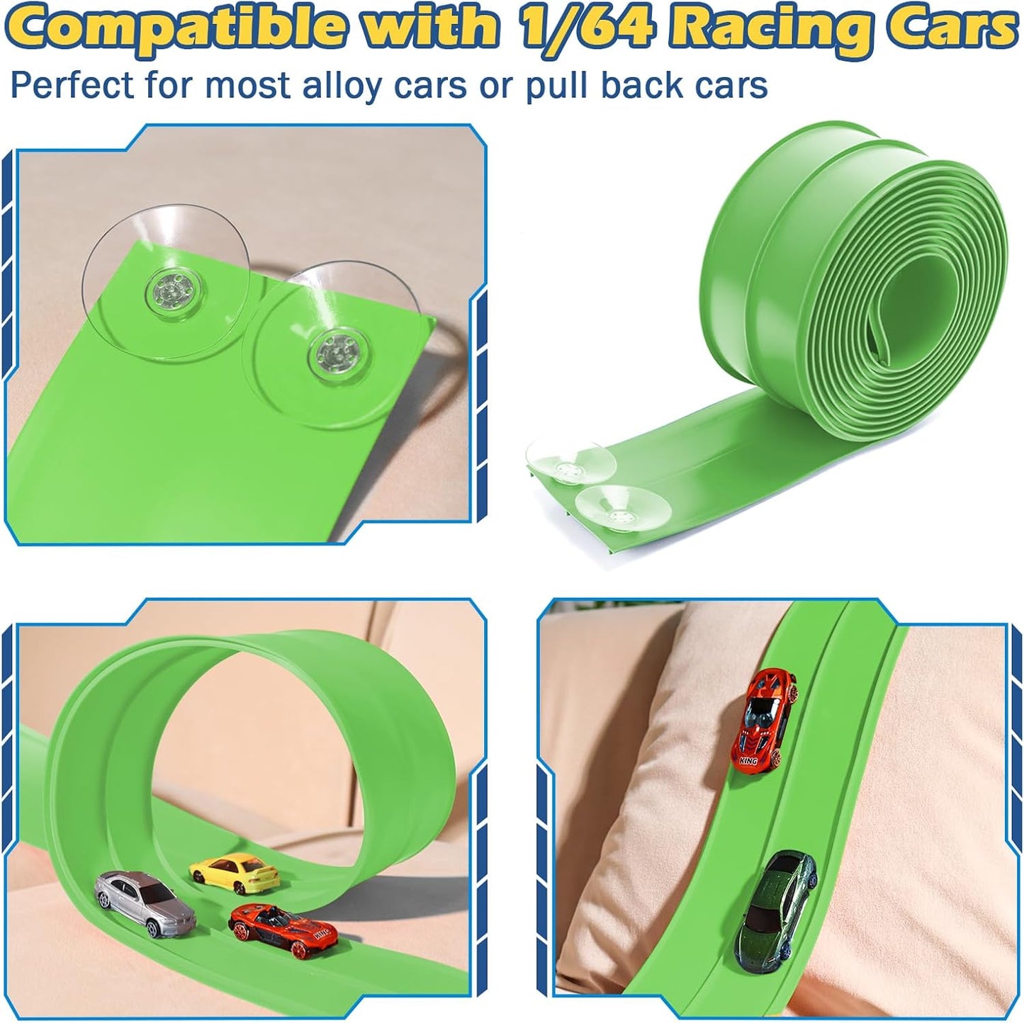 Flex Tracks 15 Ft Starter Set Flexible Race Track for Kids 3+, Flexible Car Track Race Car Ramp Track Compatible with Diecast 1/64th Cars, Portable Rolls Up Race Tracks with Strong Suction Cups