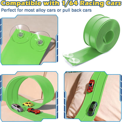 Flex Tracks 15 Ft Starter Set Flexible Race Track for Kids 3+, Flexible Car Track Race Car Ramp Track Compatible with Diecast 1/64th Cars, Portable Rolls Up Race Tracks with Strong Suction Cups