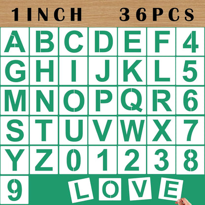 36PCS Letter Stencils 1 inch Reusable Plastic, Small Alphabet and Number Stencils for Painting on Wood, Wall, Fabric, Tracing, Rock, Chalkboard, Signage