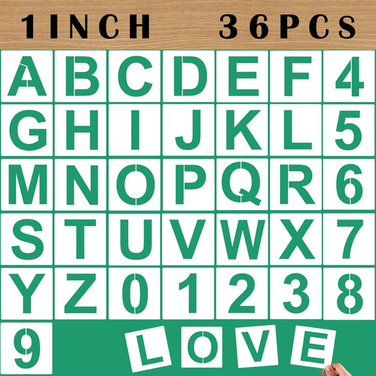 36PCS Letter Stencils 1 inch Reusable Plastic, Small Alphabet and Number Stencils for Painting on Wood, Wall, Fabric, Tracing, Rock, Chalkboard, Signage