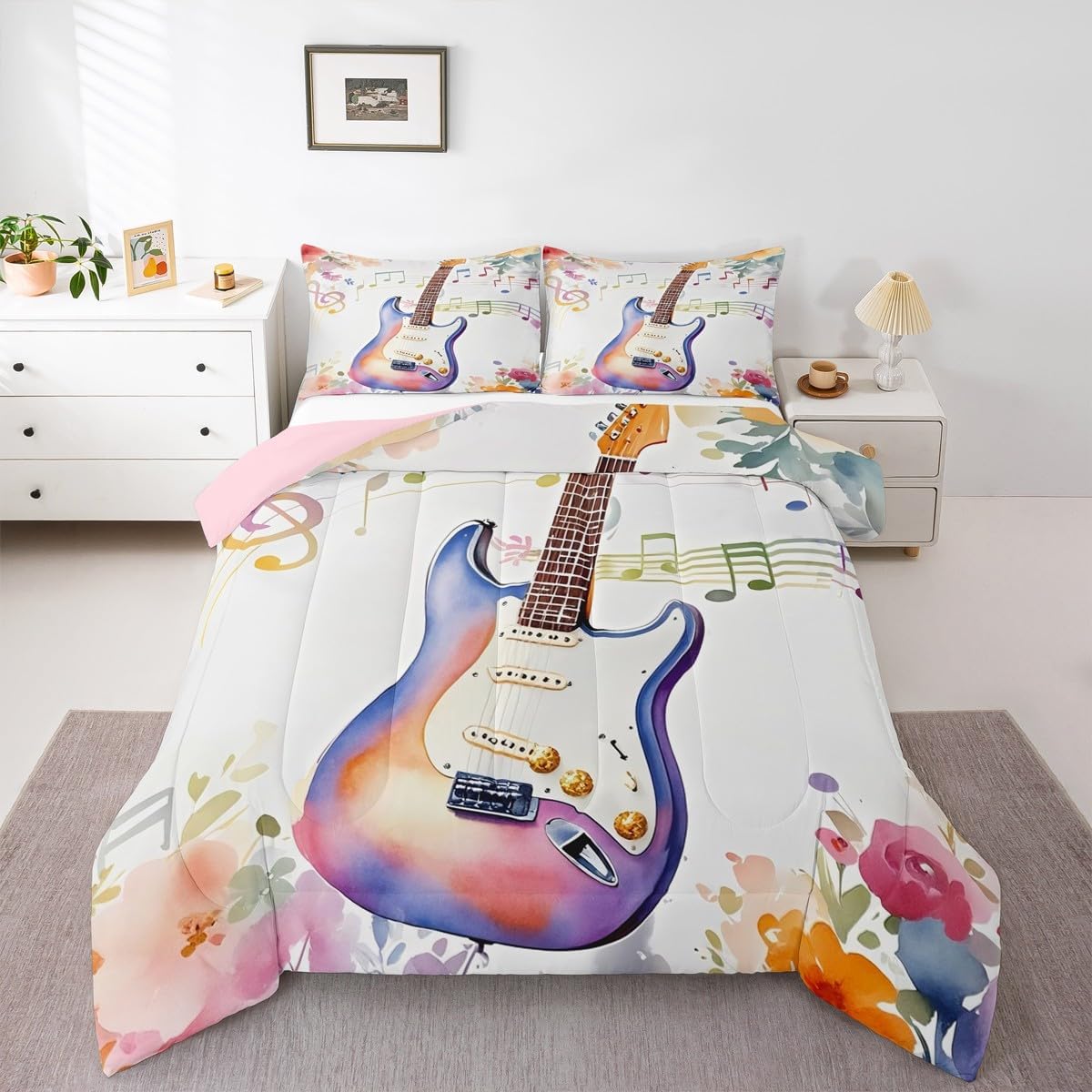 Erosebridal Drum Kit 3D Print Kids Comforter Sets Rock Music Themed Full Bedding Set for Boys Girls Musical Pattern Comforter Set,Colorful Retro Style Quilt Duvet 3 Pcs
