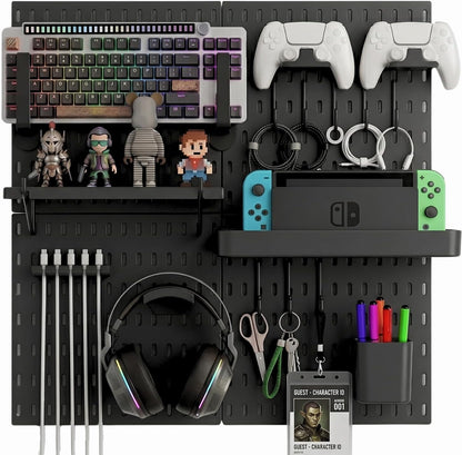 Keepo Peg Board Wall Organizer for Gaming Setup, Pegboard with Adhesives & Screw Mounts, Includes Peg Board Accessories for Gaming Accessories, Tech Storage & Office Organization (Black, 33″×22″)