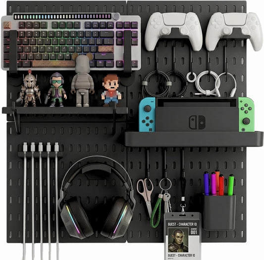 Keepo Peg Board Wall Organizer for Gaming Setup, Pegboard with Adhesives & Screw Mounts, Includes Peg Board Accessories for Gaming Accessories, Tech Storage & Office Organization (Black, 33″×22″)