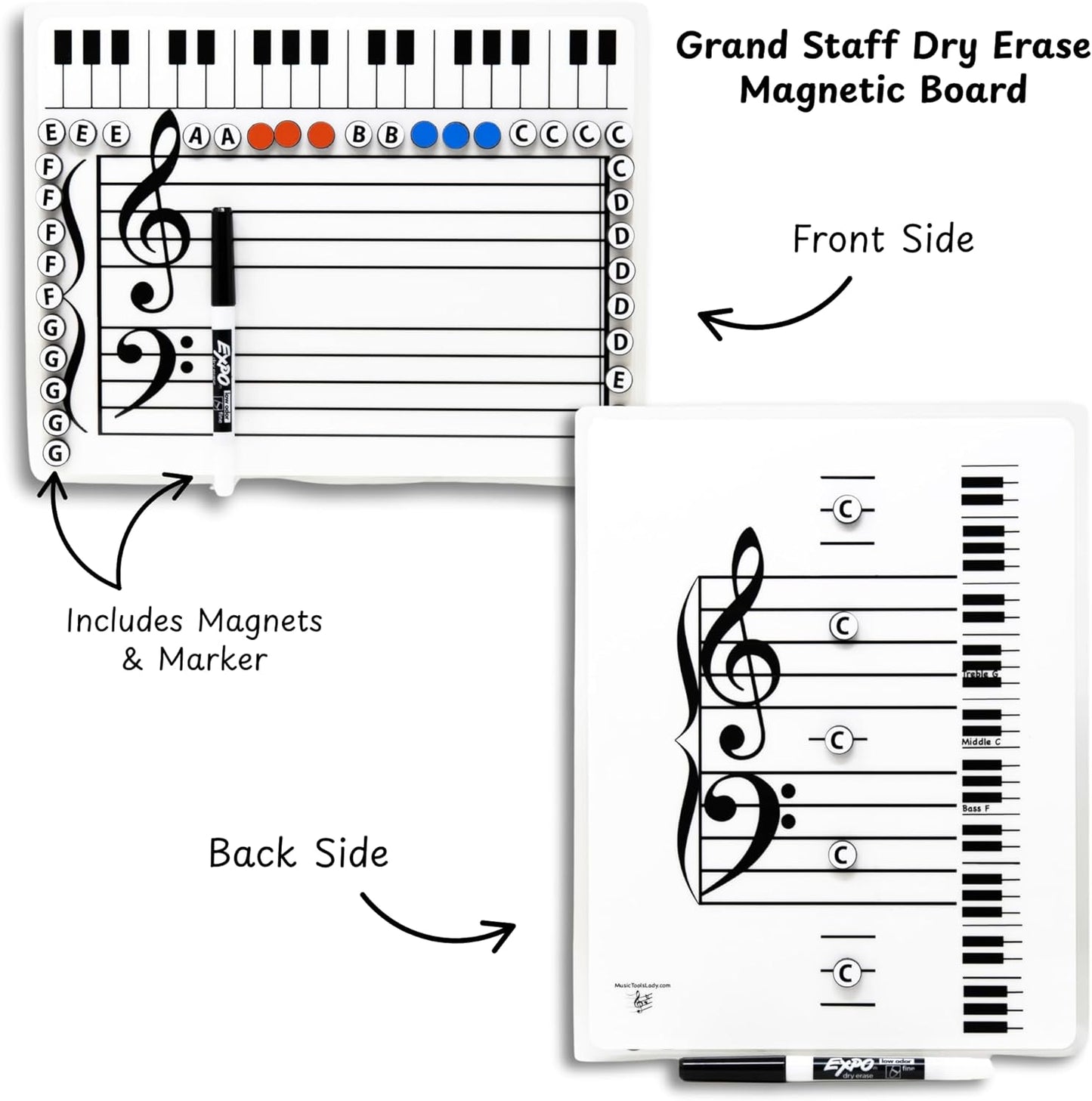 Kits Grand Staff Dry Erase Magnetic Music Theory Board with 35 Note Magnets and Marker (9 x 11.5 Inches) - Piano Teaching Tool, Music Staff Whiteboard, Keyboard Practice Aid
