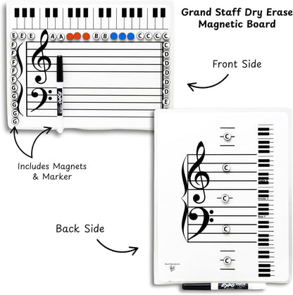 Kits Grand Staff Dry Erase Magnetic Music Theory Board with 35 Note Magnets and Marker (9 x 11.5 Inches) - Piano Teaching Tool, Music Staff Whiteboard, Keyboard Practice Aid