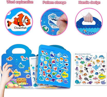 RUSON Reusable Sticker Book for Kids, 2 Sets Educational Learning Toys Travel Stickers Activity Books for Toddler Girls Boys Age 3+ Birthday Gifts - Vehicle & Dinosaur