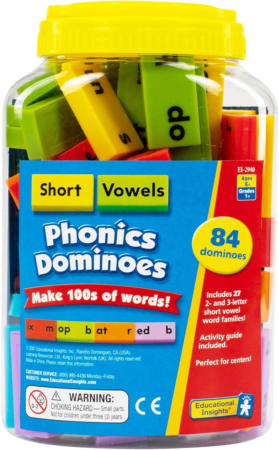 Educational Insights Phonics Dominoes – Long Vowels - Manipulative for Classroom & Home, Set of 84 Dominoes in 6 Colors, Ages 6+