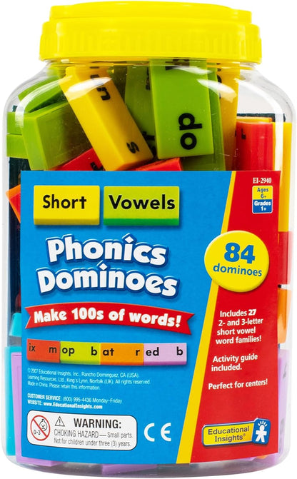 Educational Insights Phonics Dominoes – Long Vowels - Manipulative for Classroom & Home, Set of 84 Dominoes in 6 Colors, Ages 6+
