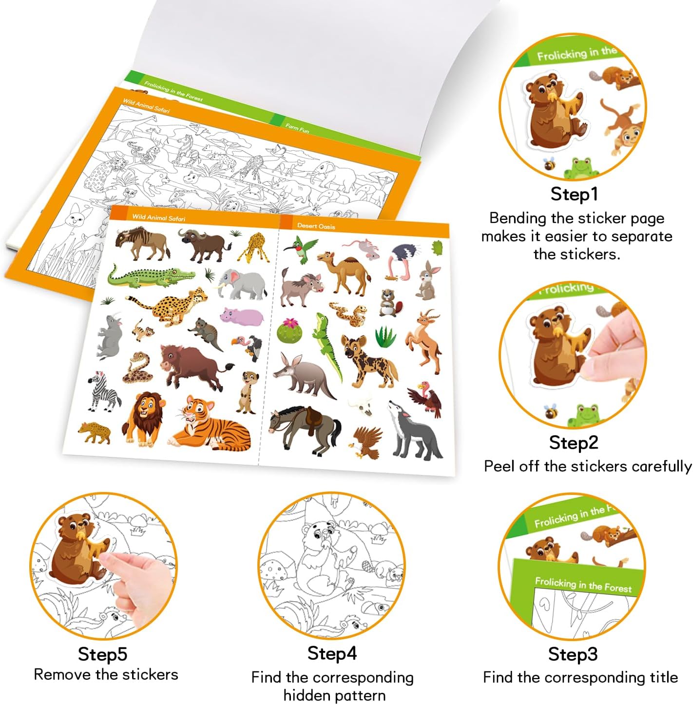 FUNCLASS Sticker Book for Toddlers,Seek and Find Sticker Book with 200+ Animal Stickers,Sticker Activity Book for Kids Travel,Quiet Book:Search the Hidden Animal