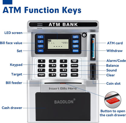 BAODLON Piggy Bank for Kids, ATM Machine Bank for Real Money with Debit Card, Bill Feeder, Coin Recognition, Balance Calculator, Electronic Savings Safe Box, Cool Stuff Toys Gifts for Teen Boys Girls