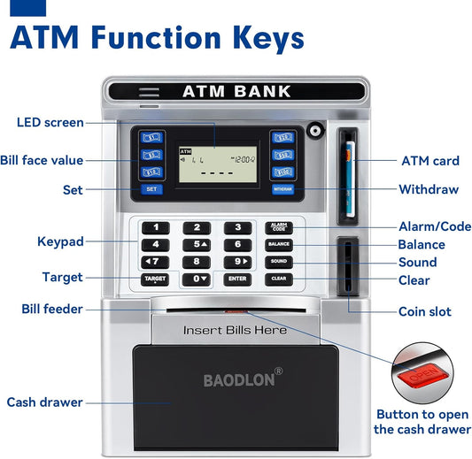 BAODLON Piggy Bank for Kids, ATM Machine Bank for Real Money with Debit Card, Bill Feeder, Coin Recognition, Balance Calculator, Electronic Savings Safe Box, Cool Stuff Toys Gifts for Teen Boys Girls