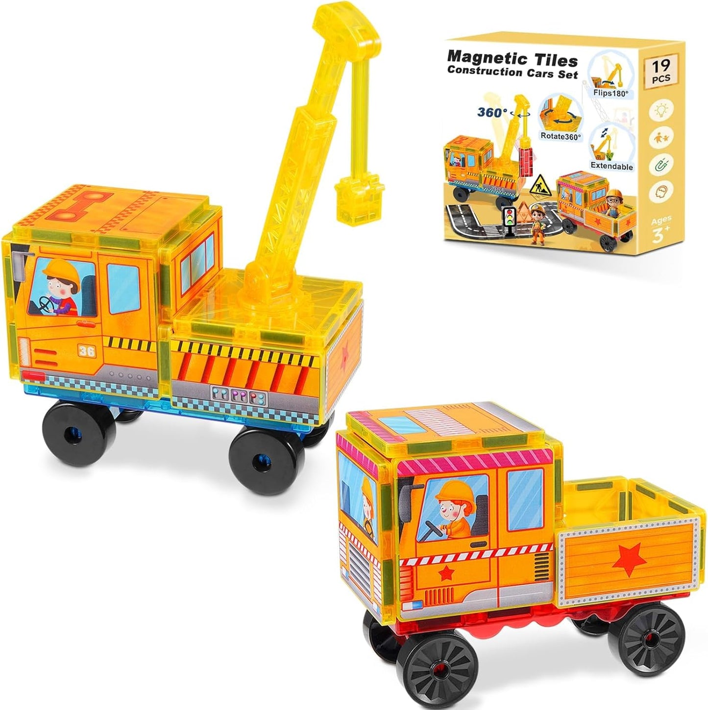 Magnetic Tiles Cars Construction Set - 19 PCS Magnetic Tiles Magnet Bricks Truck Sensory Toys, Educational Magnet Cars Set Building Blocks for 3 4 5 6 7 8+ Year Old Girls Boys Toddler Expansion Set