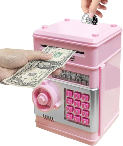 Mini ATM Piggy Bank ATM Machine Best Gift for Kids,Electronic Code Piggy Bank Money Counter Safe Box Coin Bank for Boys Girls Password Lock Case (Rose Gold)
