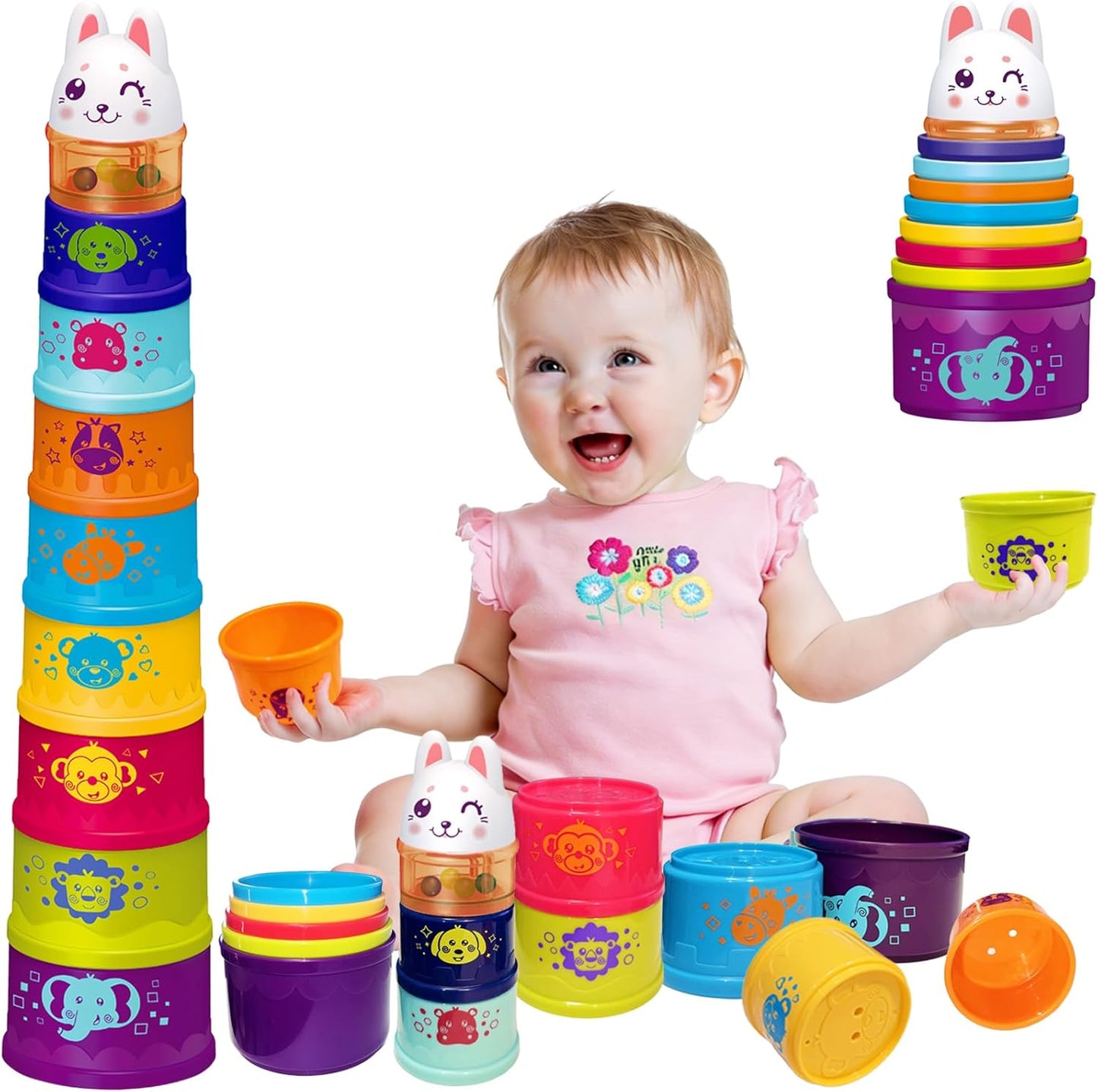 WEEJOYGAM Baby Stacking Cups, Nesting Stacking Toys for Toddlers 1-3 with Light and Sound, Montessori Toys for 1 Year Old Babies 6-12 12-18 Months Easter Gift Color Stack Bath Beach Blocks Rainbow Set