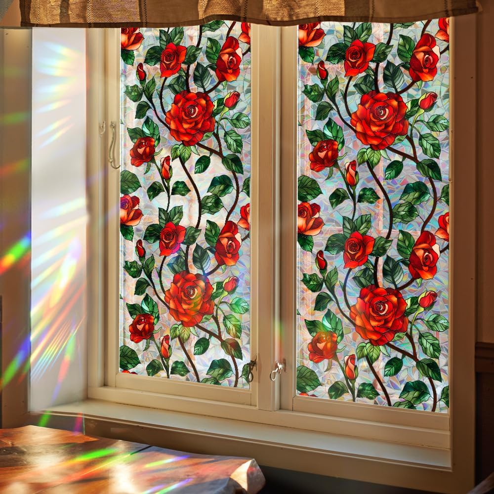 Flower Stained Glass Window Film Decorative Static Cling Stickers Sun Blocking Privacy Decals for Home Car White Lily