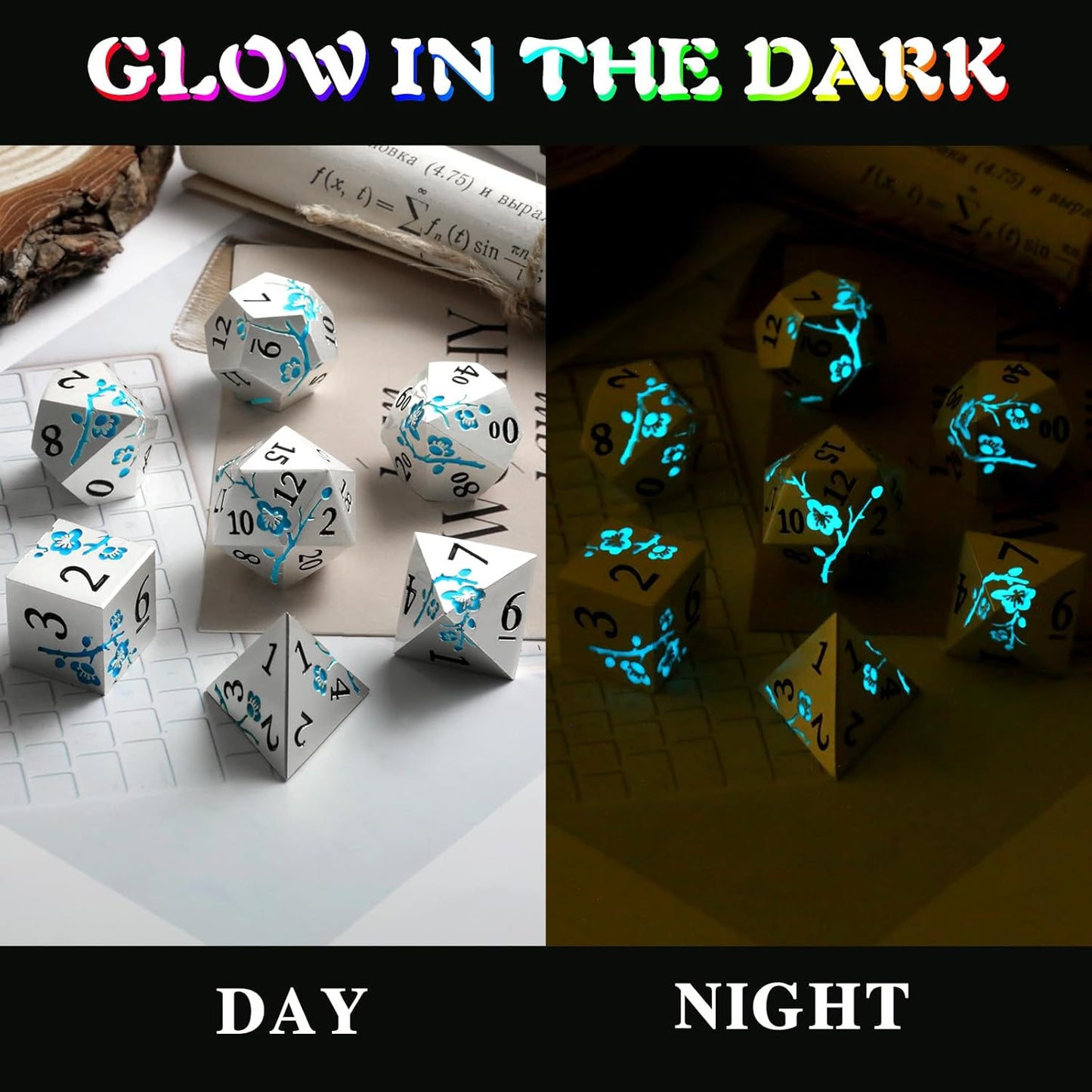 DnDnD Heavy Polyhedral Metal Dice Set with Metal Box, 7-die Shiny Blue Surface with Golden Number for RPG,Dungeons and Dragons,Pathfinder,Shadowrun,D&D,Role Palying Game and Math Teaching - Colors B