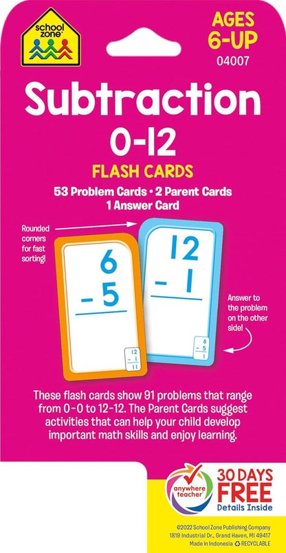 School Zone Subtraction 0-12 Flash Cards: 56 Cards, 1st Grade, 2nd Grade, Numbers 0-12, Differences, Early Math, Problem Solving, Subtraction Problems, Counting, Ages 6+