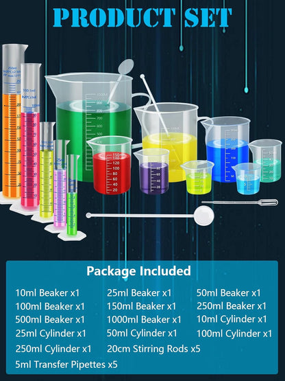 Artcome Plastic Graduated Cylinders and Beakers with 5 Pipettes, 10/25/50/100/250ml Cylinders, 10/25/50/100/150/250/500/1000ml Beakers, 5 Stirring Rods – Ideal for Science Lab, DIY, Halloween Decor