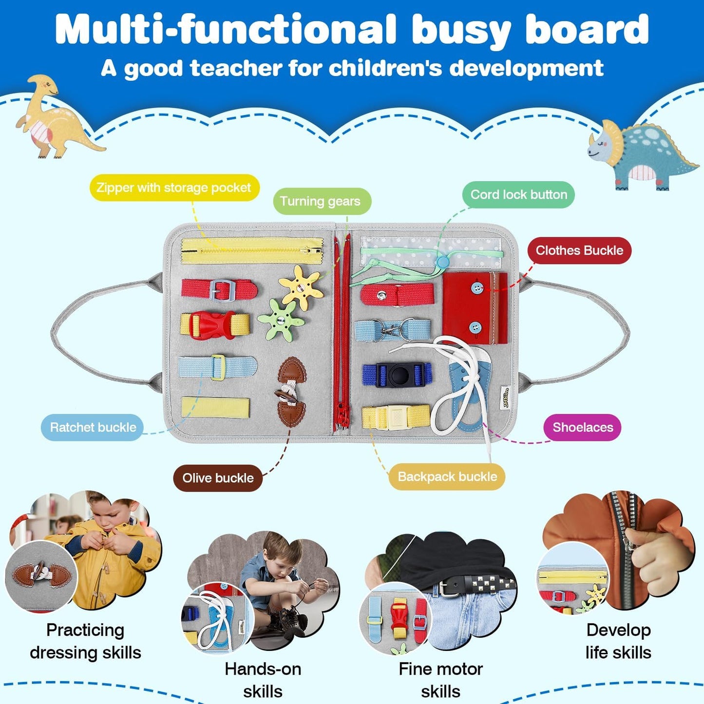 JHkim Busy Board Montessori Toys for 1 2 3 4 Year Old Boys Girls Gifts, Sensory Toy for Toddlers 1-3, Educational Activities Travel Toy for Airplane Car, Busy Book for Learning Fine Motor Skills,Blue