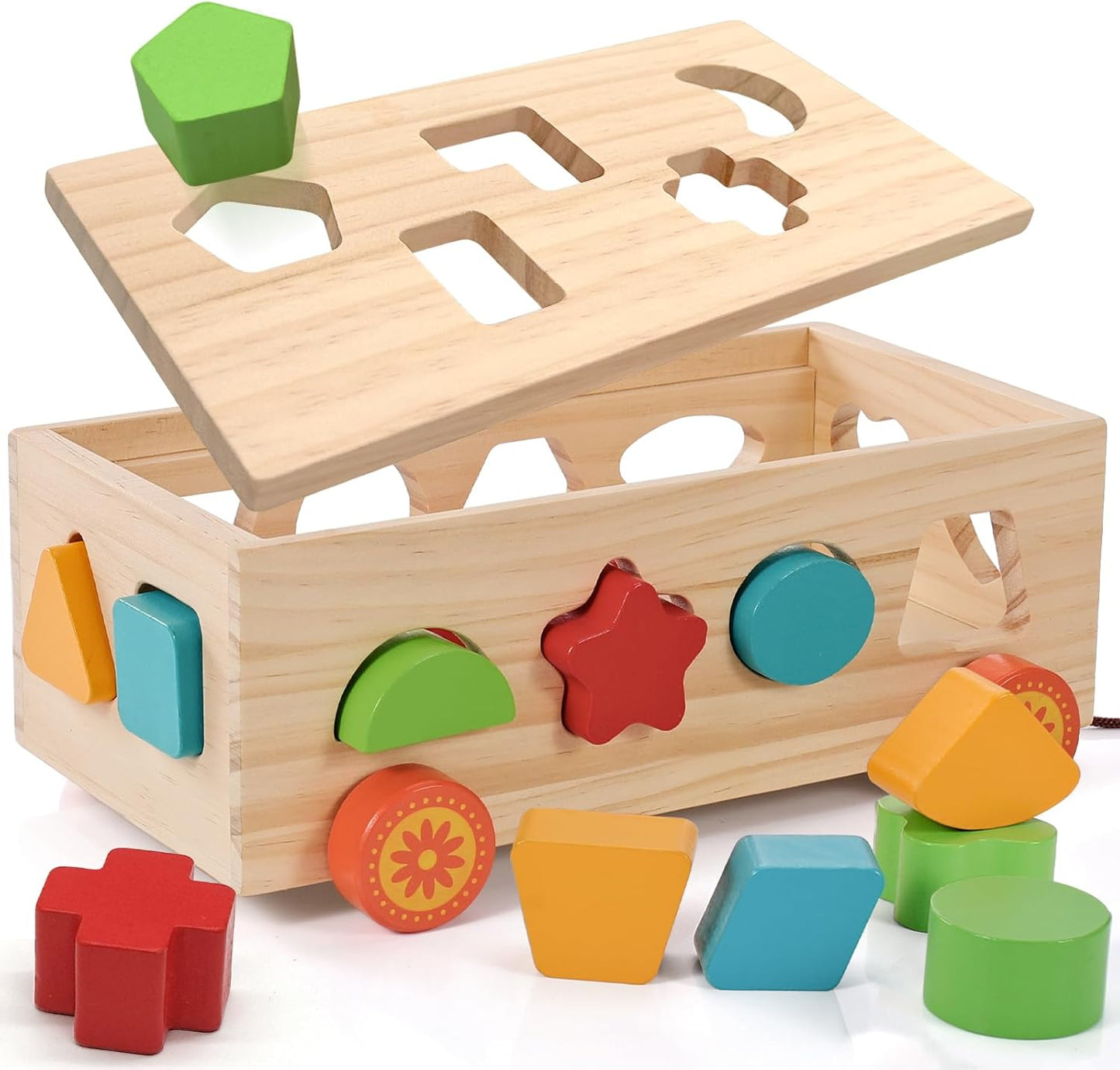 Shape Sorter - Wooden Xylophone and Montessori Number Puzzle Set for Babies - Educational Sorting Game with Storage Car for Toddlers