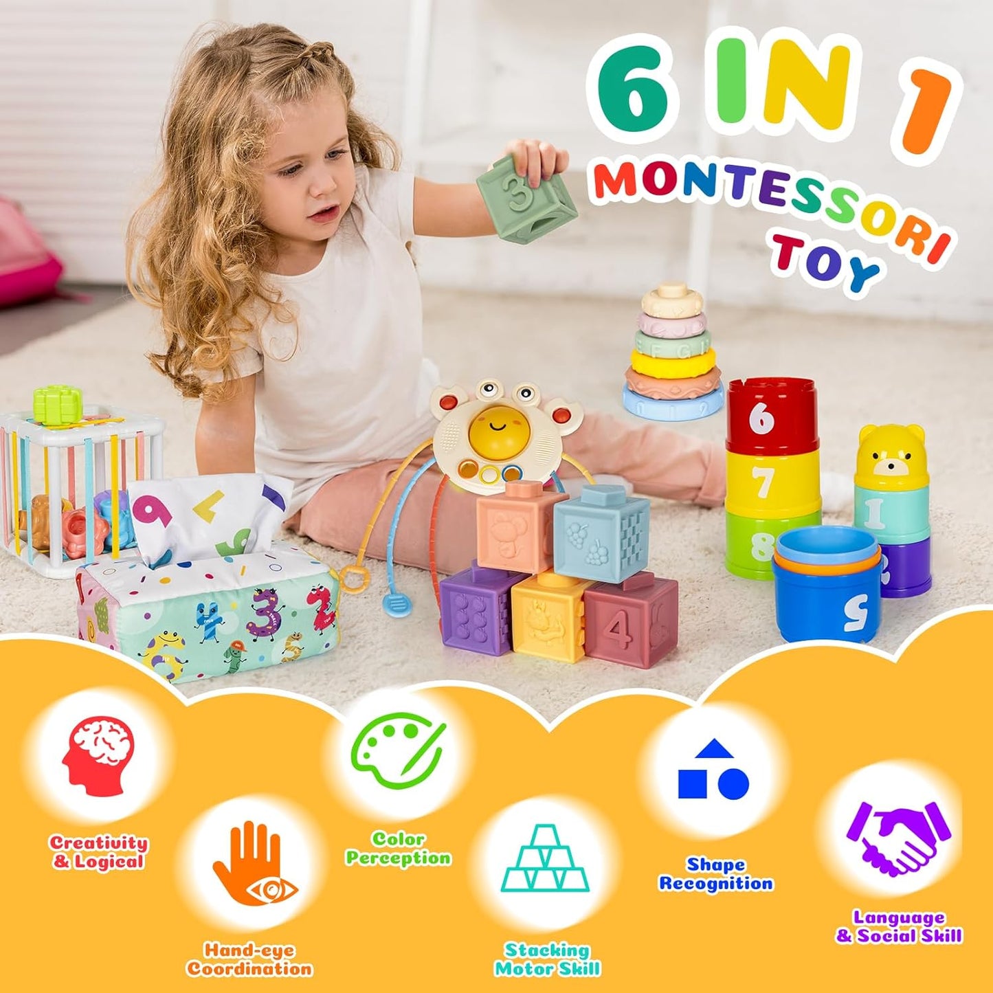 6 in 1 Montessori Toys for Babies Newborn Stacking Block Soft Infant Ring Shape Learning Sensory Bin Pull String Teething Toy Tissue Box for Toddlers 18M+ 2 3 Year Old Boy Girl Gift