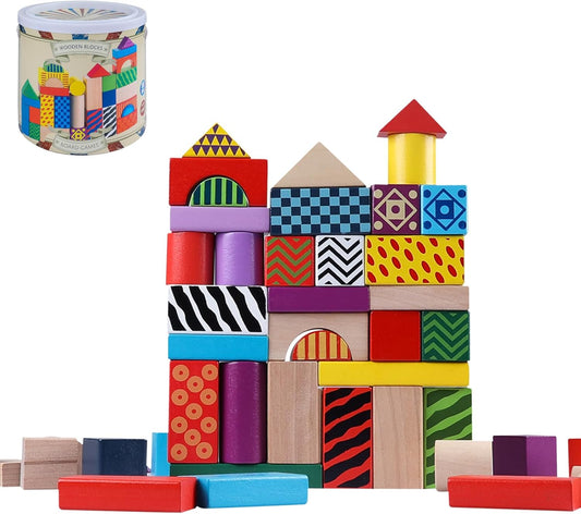 Offelec 50 Pcs Wooden Building Blocks Set with Storage Bucket, Montessori Stacking Blocks & Shape Sorting Toys for Toddlers, Preschool Learning Toys for Boys & Girls, Kids Brightly Colored Blocks