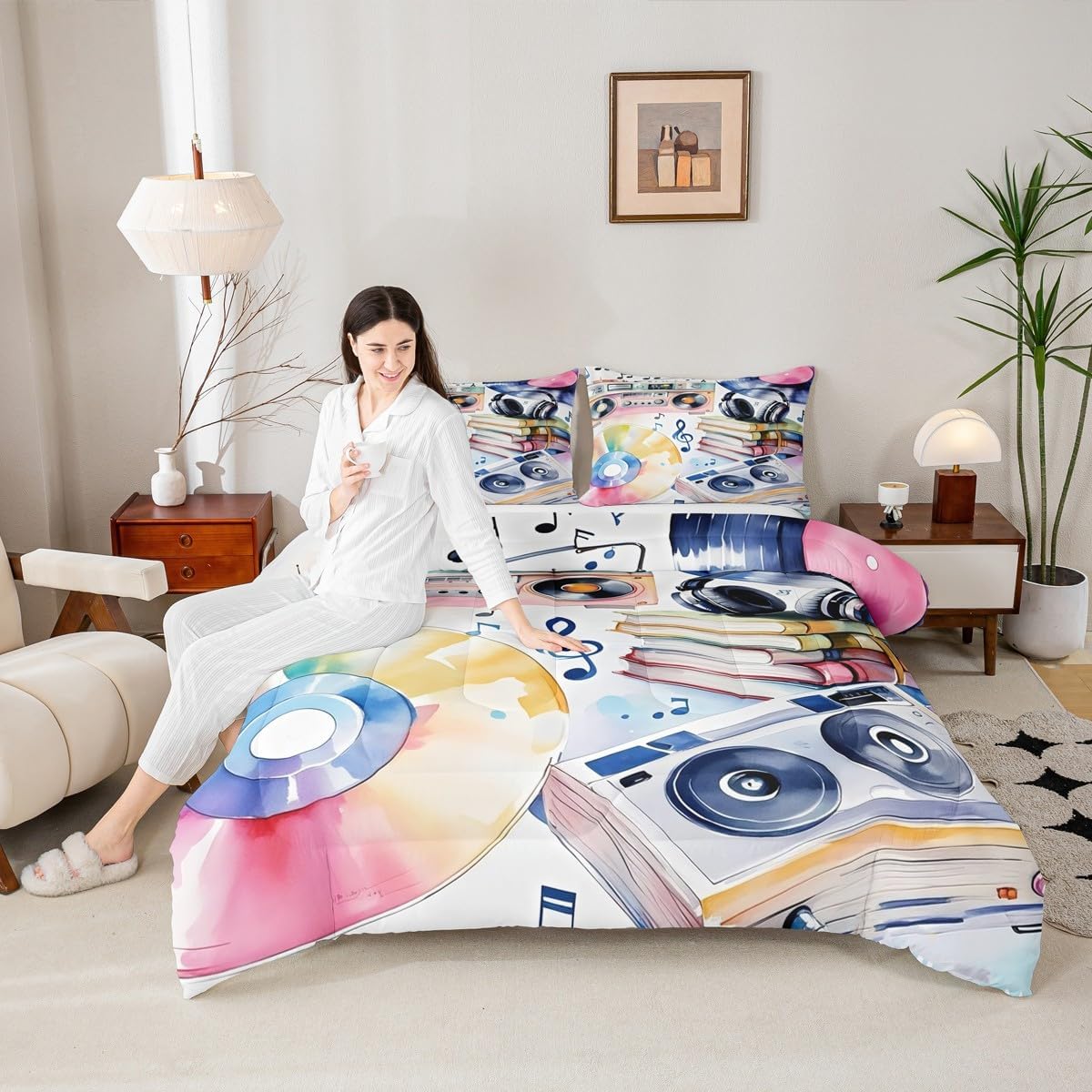 Erosebridal Drum Kit 3D Print Kids Comforter Sets Rock Music Themed Full Bedding Set for Boys Girls Musical Pattern Comforter Set,Colorful Retro Style Quilt Duvet 3 Pcs