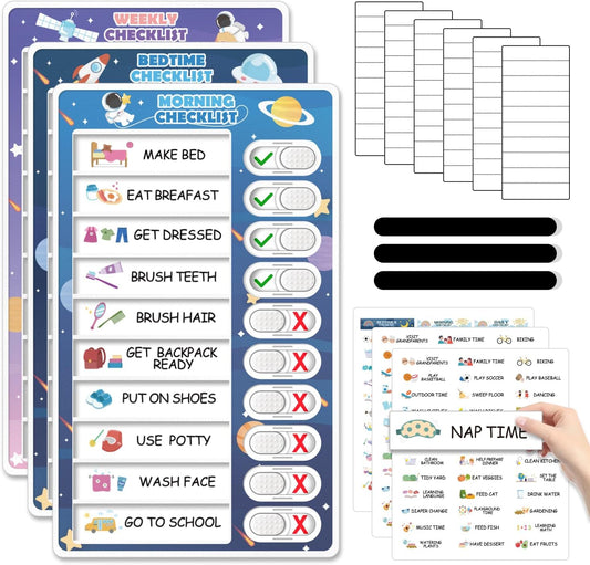 Upgraded Slider 3 in 1 Bedtime/Morning/Daily Routine Chart for Kids, Magnetic Chore Chart for Kids, Visual Schedule for Kids Toddlers Schedule Board for Home
