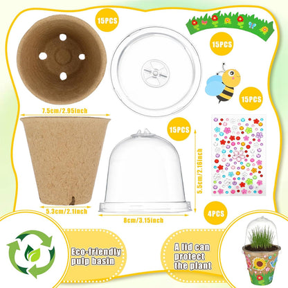 Motipuns Mother's Day Garden Paper Pot Craft Kit Include Plant Flower Peat Pots with Domes 4 Sheet Rhinestones Jewels Stickers and Adhesive Spring Stickers Set for DIY Craft Gifts
