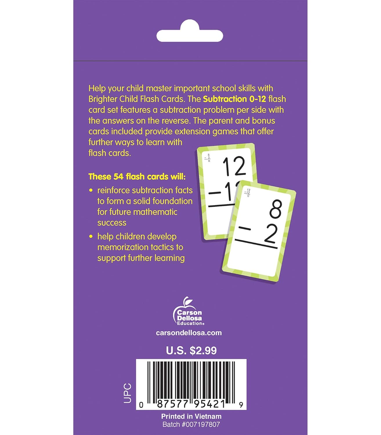 Carson Dellosa 54 Subtraction Flash Cards, All Facts for Subtracting Through 12, Mathematics Flashcards for Ages 6 and Up, Kindergarten, 1st Grade Learning Activities and Math Games for Kids 5-7