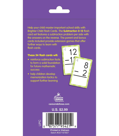 Carson Dellosa 54 Subtraction Flash Cards, All Facts for Subtracting Through 12, Mathematics Flashcards for Ages 6 and Up, Kindergarten, 1st Grade Learning Activities and Math Games for Kids 5-7