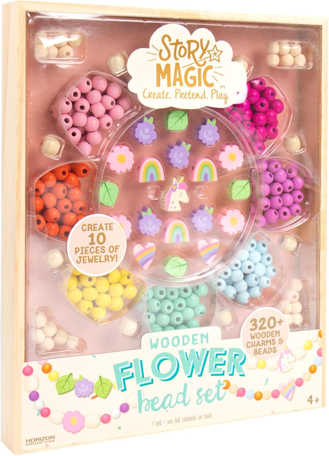 Story Magic Wooden ABC Beads by Horizon Group USA, Premium Wood Jewelry Making Kit, Makes 10+ Pieces of Jewelry, Over 350 Wooden Beads & Charms