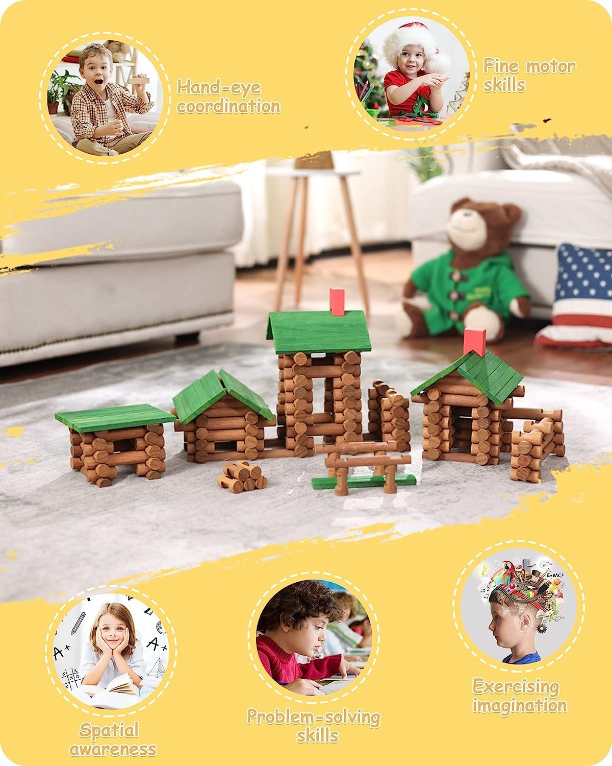 SainSmart Jr. 300 PCS Wooden Log Cabin Set Building House Toy for Toddlers, Classical STEM Construction Kit Compatible with Lincoln Logs for 3+ Kids