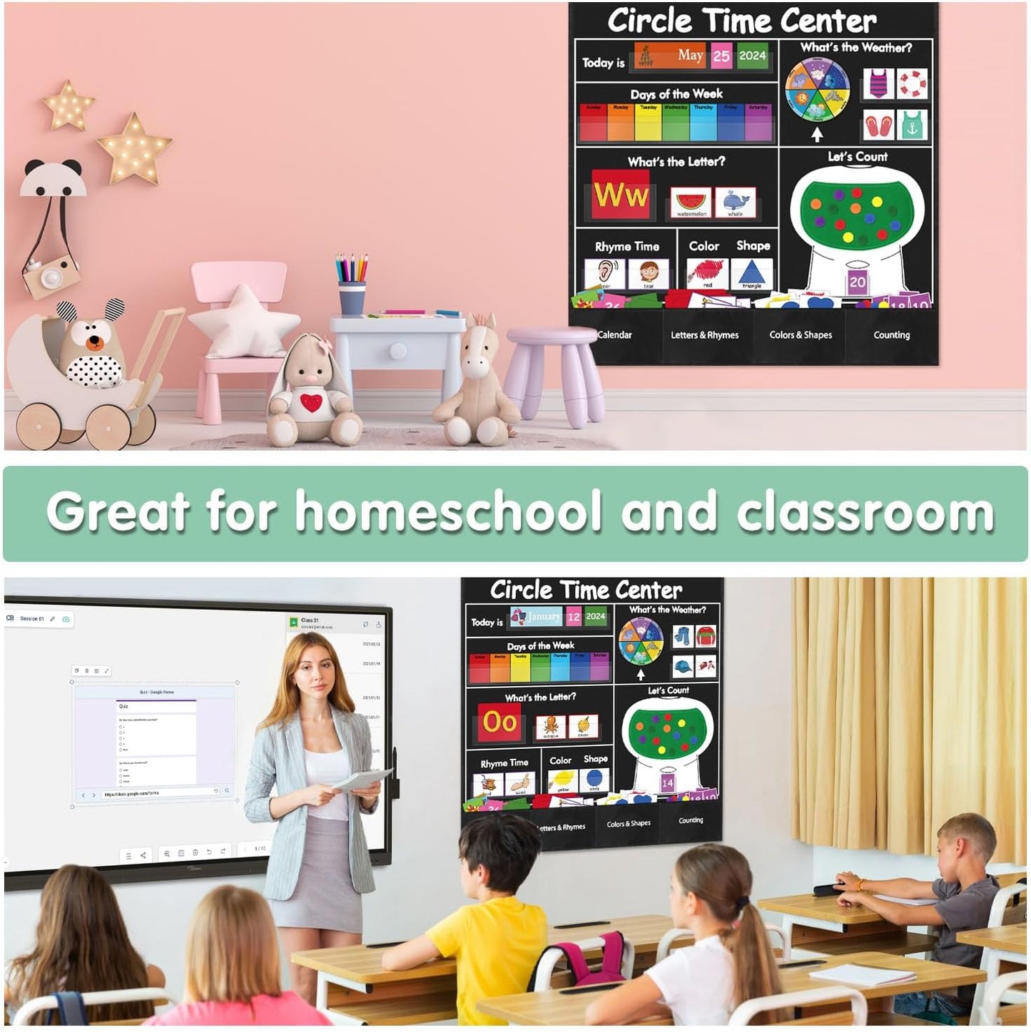 Circle Time Learning Center Pocket Chart for Classroom, Dry Erase Alphabet & Number Flash Cards, Write ABC Letter Tracing Writing Practice Games for Kids, Learning Weather Counting Color Shape