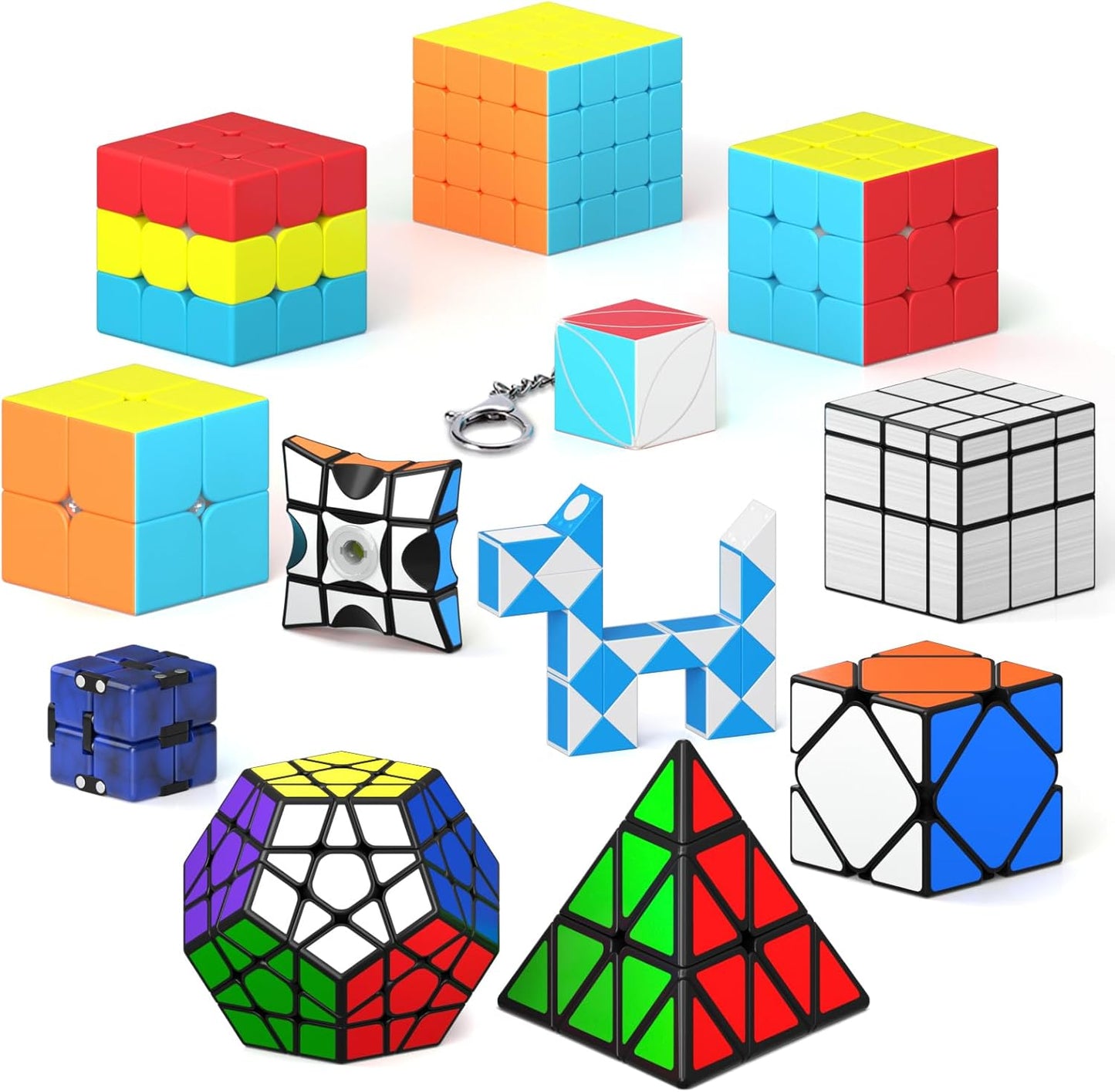 Vdealen Speed Cube Set, 7 Pack Puzzle Cube Bundle Fidget Ball 2x2 3x3 4x4 Pyramid Dodecahedron Rainbow Snake Magic Cube, Smooth Cube Game Toys Gift for Kids & Adults