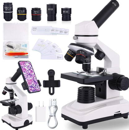 Microscope for Adults & Kids, 40X-2500X High-Power Compound Microscope for Students, School Lab & Home Schooling,Equiped with Slides Set & Phone Holder (Light White)