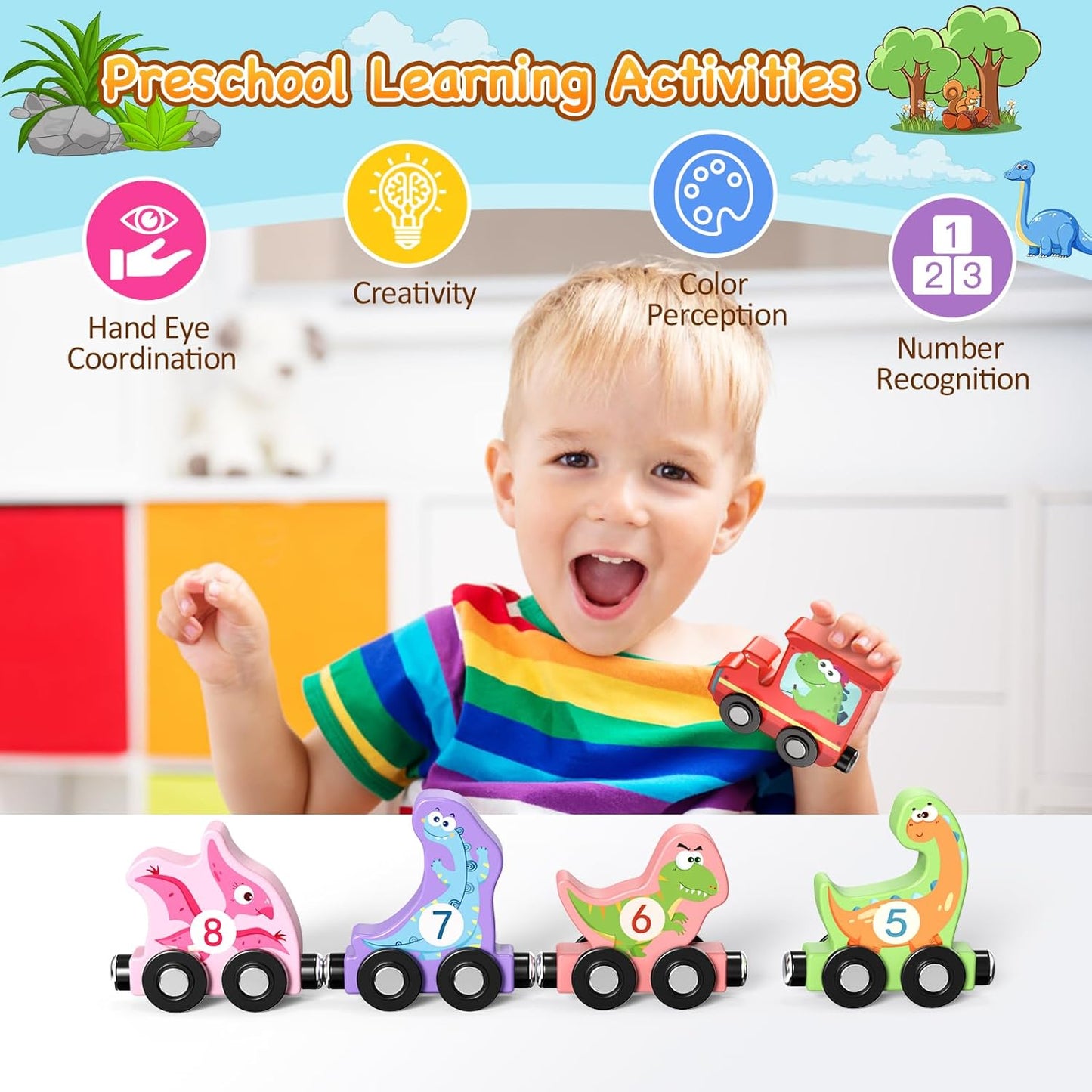 Zeoddler Toys for Toddlers, 11 Magnetic Wooden Animals Train Set, Montessori Toys for Toddlers, Preschool Learning Activities for Kids, Birthday Gifts for Boys, Girls
