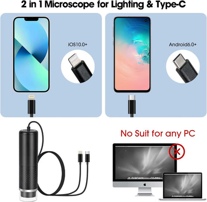 USB Digital Microscope Compatible with iOS and Android Devices (Not for Any PC), 50x-1600x Magnification, 1920x1440P HD Portable Microscope Camera for Adults, Children, Students