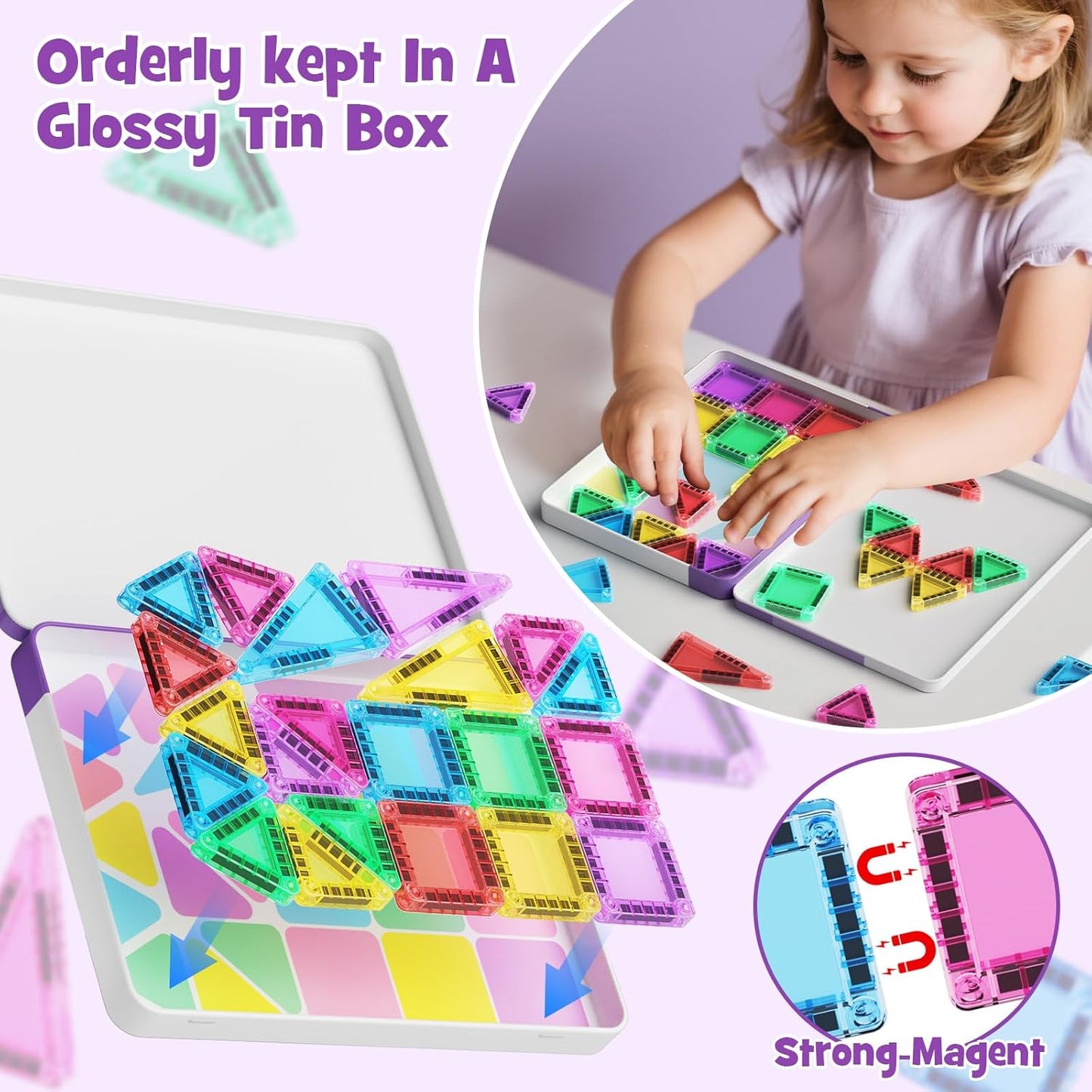 Mini Magnetic Tiles 40PCS Travel Set with Iron Storage Box, Portable STEM Building Blocks for Kids 3-8, Montessori Educational Magnet Toys for Road Trip, Airplane, Car Rides & On-The-Go Play
