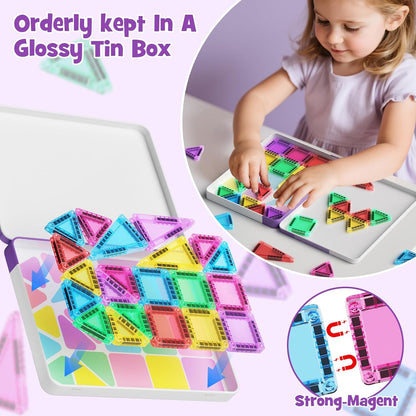 Mini Magnetic Tiles 40PCS Travel Set with Iron Storage Box, Portable STEM Building Blocks for Kids 3-8, Montessori Educational Magnet Toys for Road Trip, Airplane, Car Rides & On-The-Go Play