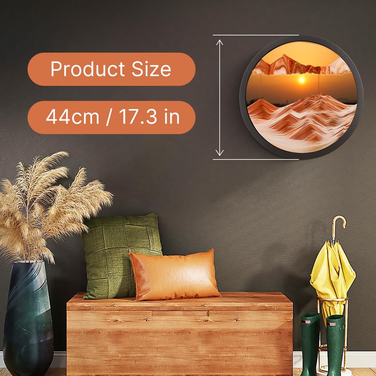 17.3" Moving Sand Art, 3D Sand Art Pictures Deep Sea Sandscape Living Room Decoration, 360° Rotate, Glass Crafts Solid Wood Frame, Relaxing Mood Home Office Work Wall Art Decor
