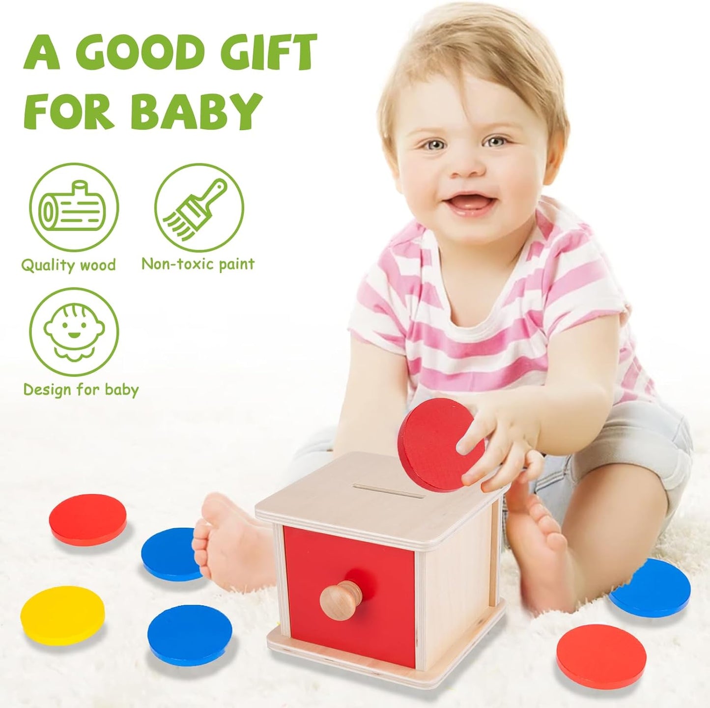 Adena Montessori Coin Box -Natural Wood Double-Sided Object Permanence Box Toy for 1-Year-Old Babies, Wooden Montessori Developmental Toy for 6-12 Month, Early Learning Gift