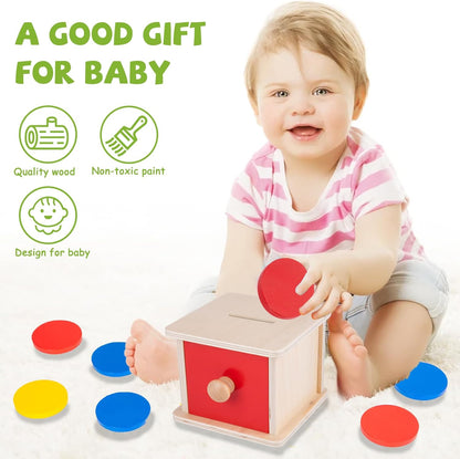 Adena Montessori Coin Box -Natural Wood Double-Sided Object Permanence Box Toy for 1-Year-Old Babies, Wooden Montessori Developmental Toy for 6-12 Month, Early Learning Gift