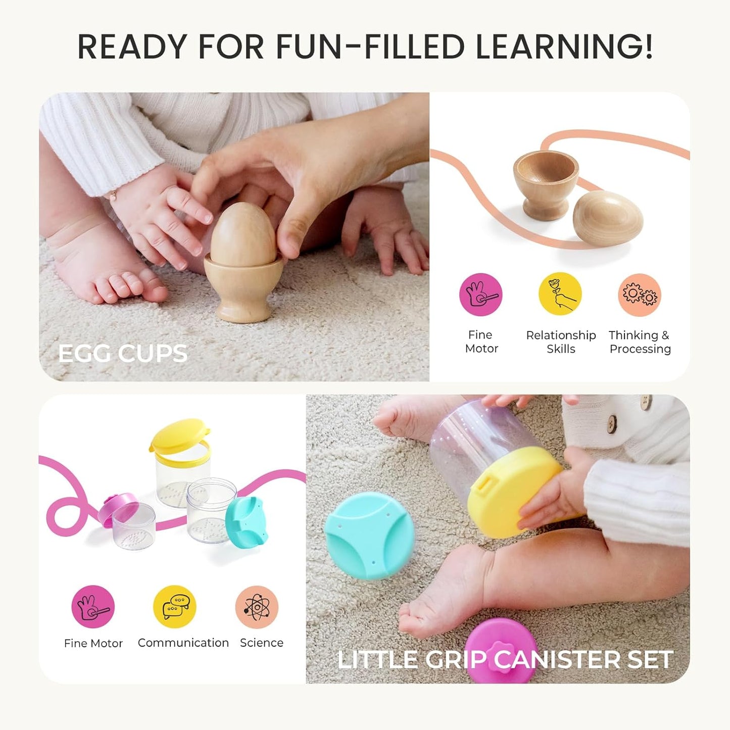 Tiny Land Montessori Toy Set for Babies 7-9 Months Senser Play Kit - 5-in-1 Wooden Learning Toys with Object Permanence Box, Sensory Ball, Stacking Cups and Mirror Puzzle,Body Board Book