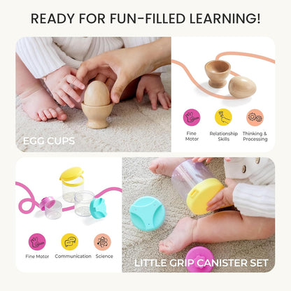 Tiny Land Montessori Toy Set for Babies 7-9 Months Senser Play Kit - 5-in-1 Wooden Learning Toys with Object Permanence Box, Sensory Ball, Stacking Cups and Mirror Puzzle,Body Board Book
