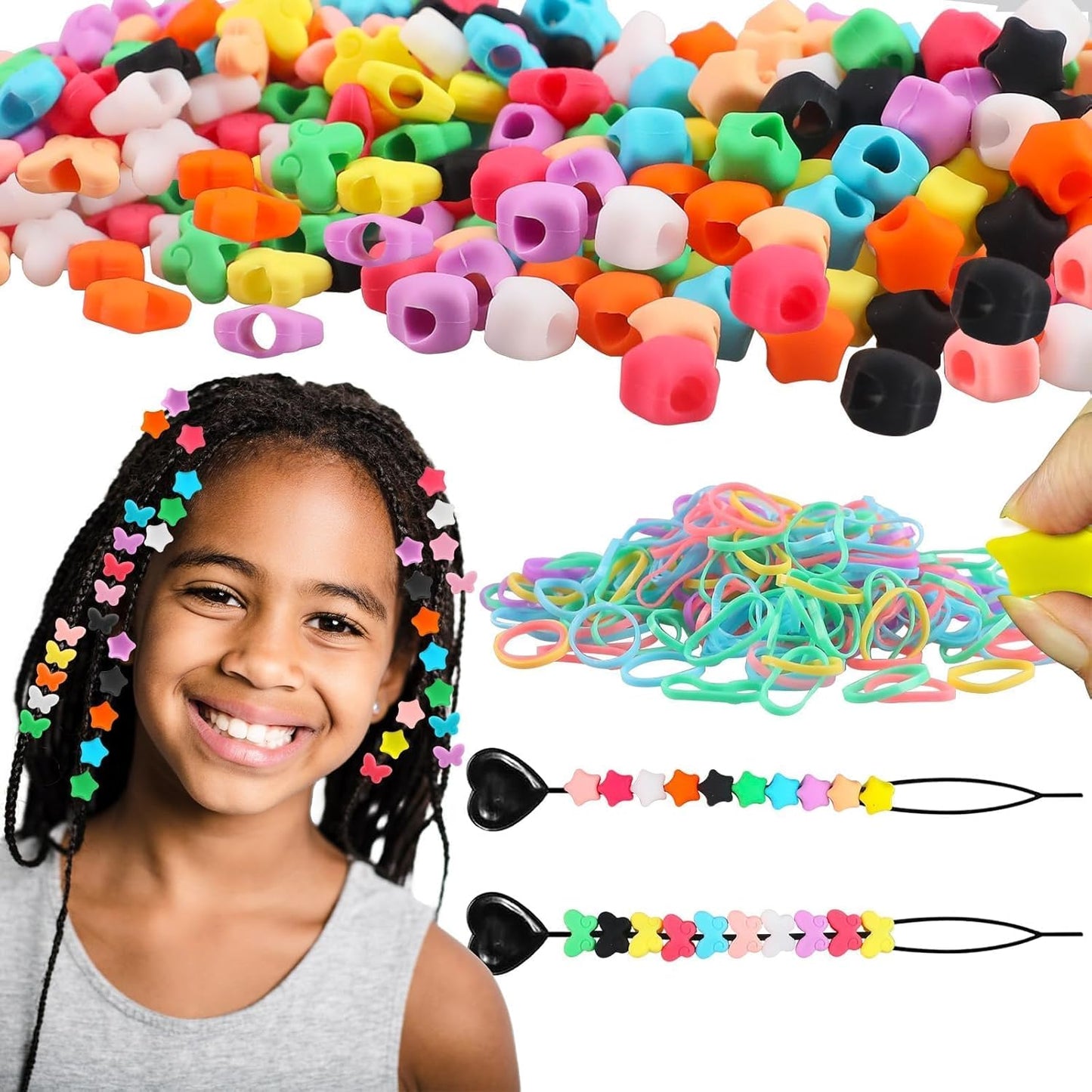 Waldeinsamkeit 200 Silicone Hair Beads Set 5mm Butterfly Star Hair Bead 10 Colors for Girls Braids 2 Plastic Quick Beaders 100 Elastic Rubber Bands Soft Micro Silicone Hair Beads for Braids