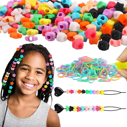 Waldeinsamkeit 200 Silicone Hair Beads Set 5mm Butterfly Star Hair Bead 10 Colors for Girls Braids 2 Plastic Quick Beaders 100 Elastic Rubber Bands Soft Micro Silicone Hair Beads for Braids