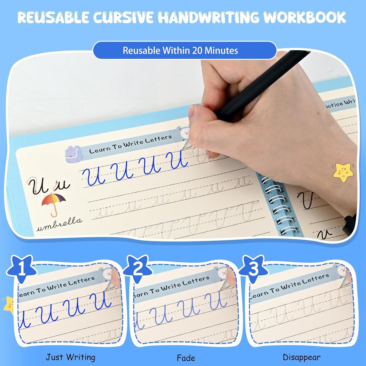 2 Pack Grooved Cursive Handwriting Workbook,Reusable Handwriting Practice Copybooks,Cursive Writing Practice Book for Kids Beginners