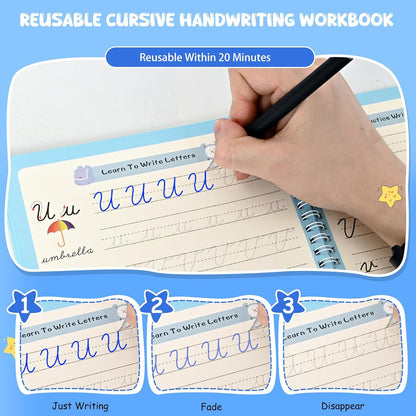 2 Pack Grooved Cursive Handwriting Workbook,Reusable Handwriting Practice Copybooks,Cursive Writing Practice Book for Kids Beginners