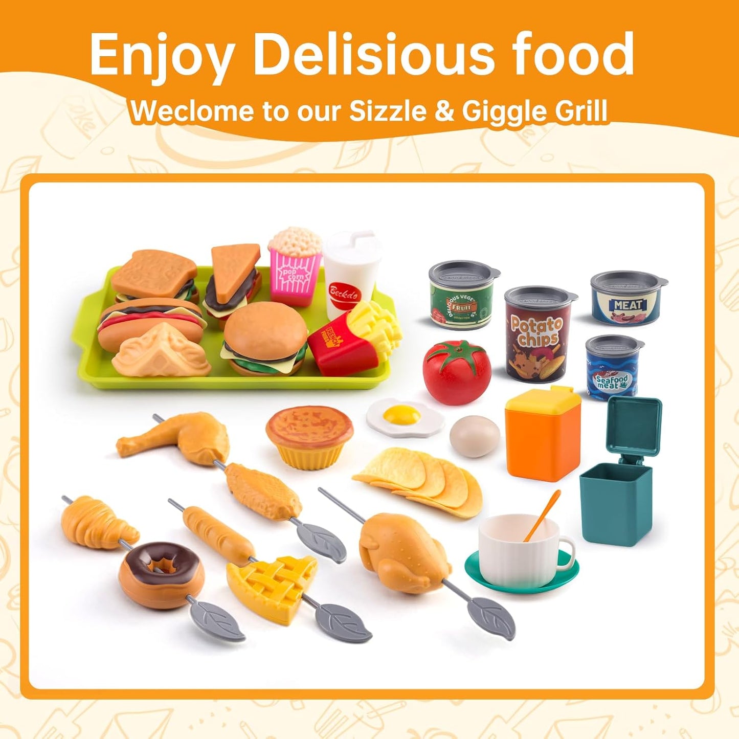 60Pcs Kids Mini Play Kitchen Accessories, Pretend Cooking Play Set with Cookware, Tableware & Fruit & BBQ Sets, Learning Gift for Boys, Girls, Toddlers,Yellow